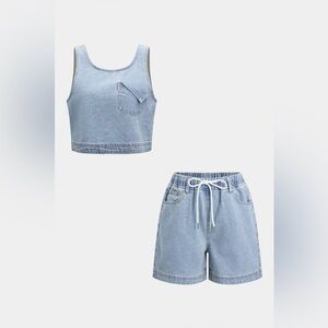 186. Micas XL Denim Crop Top and Shorts Set